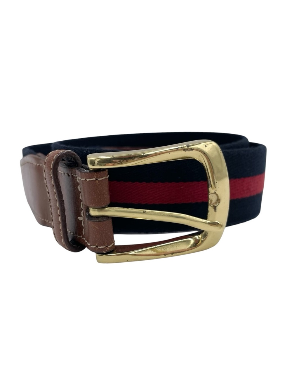 Torino Mens Belt Navy Blue Red Striped Surcingle Leather Trim Made in USA Preppy